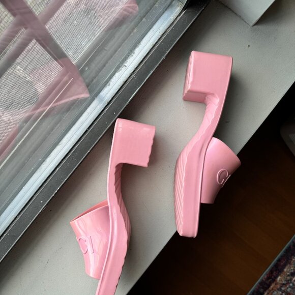 Pink Gucci Logo Rubber Platform Block Heel Mules Slides Sandals Shoes - Picture 4 of 5